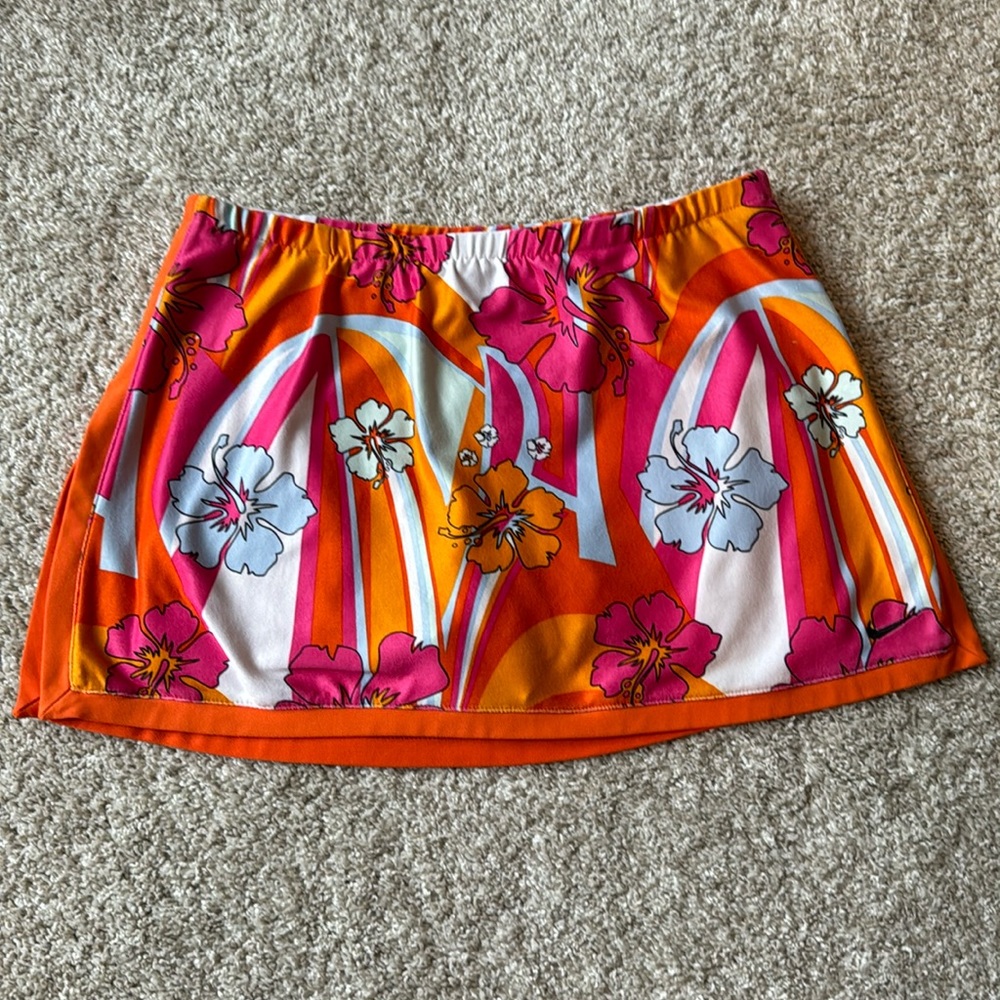 RARE Nike Hawaiian Y2K Tennis Border Skort Skirt hibiscus Orange Pickleball